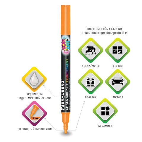 Маркер меловой BRAUBERG "POP-ART", сухостираемый, для гладких