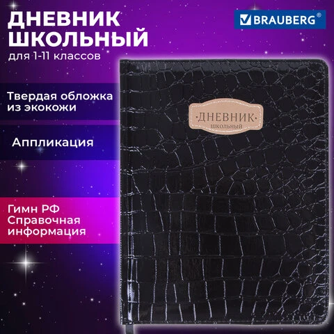 Дневник 1-11 класс 48 л., обложка кожзам твердая, нашивка, BRAUBERG