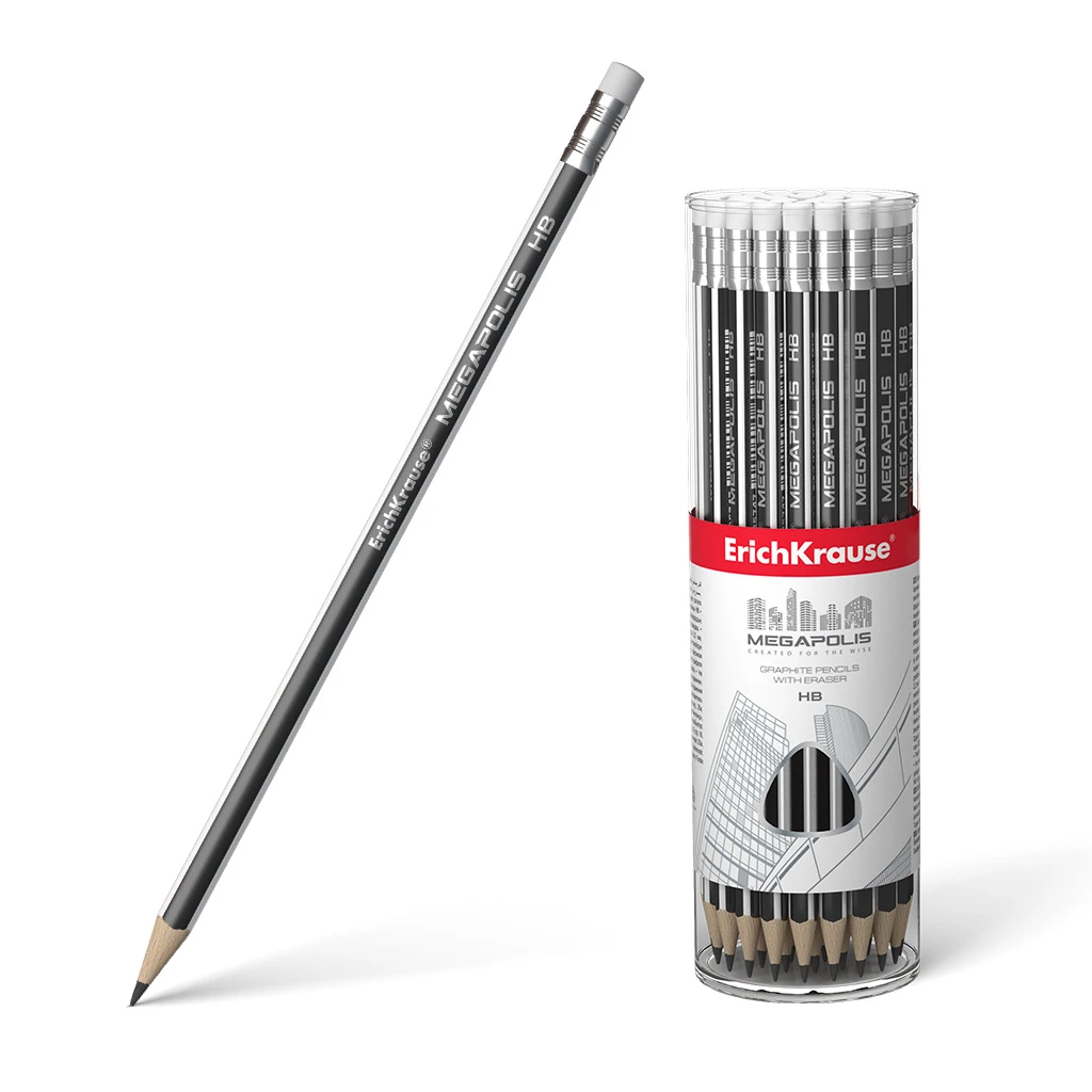 Чернографитный трехгранный карандаш с ластиком Erich Krause MEGAPOLIS HB (в