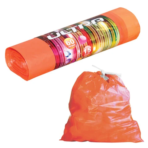 Мешки для мусора 60 л, с завязками, оранжевые, в рулоне 15 шт., ПВД, 20 мкм,