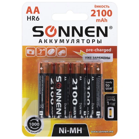 Батарейки аккумуляторные Ni-Mh пальчиковые КОМПЛЕКТ 4 шт., АА (HR6) 2100 mAh,