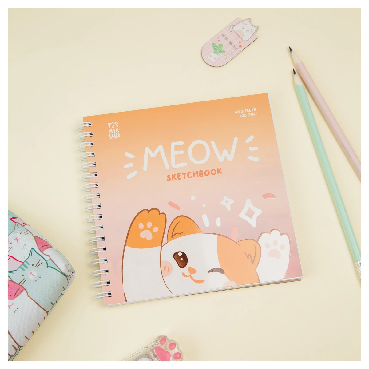 Скетчбук 60л., 150*150 MESHU "Meow", на гребне, выб. лак, soft-touch,