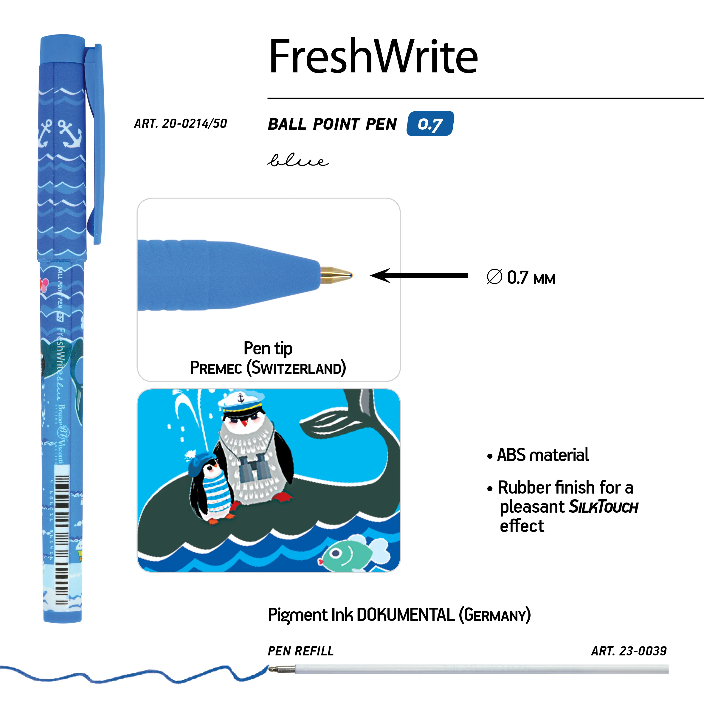 РУЧКА "FreshWrite. Пингвин" ШАРИКОВАЯ, 0.7 ММ, СИНЯЯ