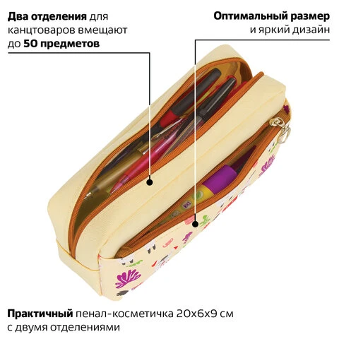 Пенал-косметичка ЮНЛАНДИЯ, 2 отделения, мягкий, "Ламы", бежевый,