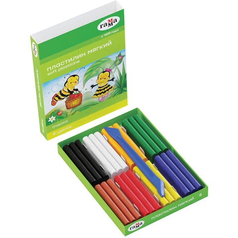 Пластилин восковой ГАММА "Пчелка", 8 цветов, 120 г, со стеком, Пластилин восковой ГАММА "Пчелка", 8 цветов, 120 г, со стеком,