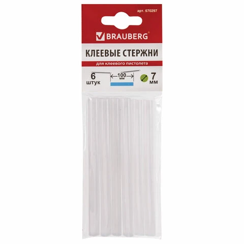 Клеевые стержни, диаметр 7 мм, длина 100 мм, белые, комплект 6 штук, BRAUBERG,