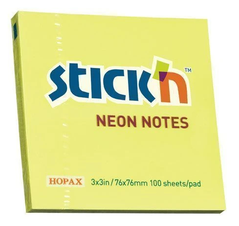 Блок самоклеящийся Stick`n 76x76 мм, 1 штука, 100 листов, 1 цвет, желтый, неон