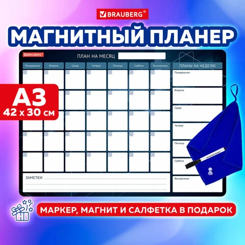 Планинг на холодильник магнитный НА МЕСЯЦ 42х30 см, с маркером и салфеткой,