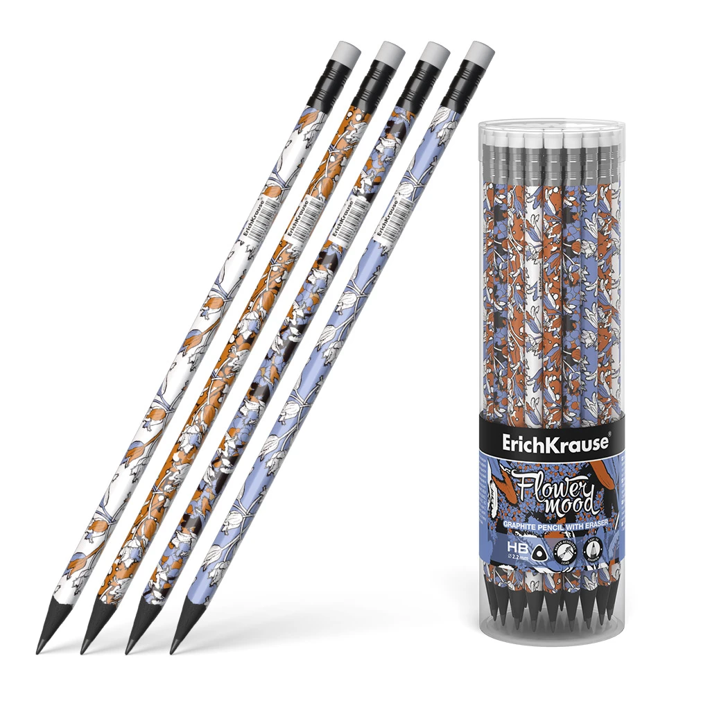 Чернографитный трехгранный карандаш с ластиком ErichKrause® Tulips HB (в тубусе
