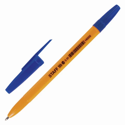 Ручка шариковая STAFF "ORANGE C-51", СИНЯЯ, корпус оранжевый, узел 1
