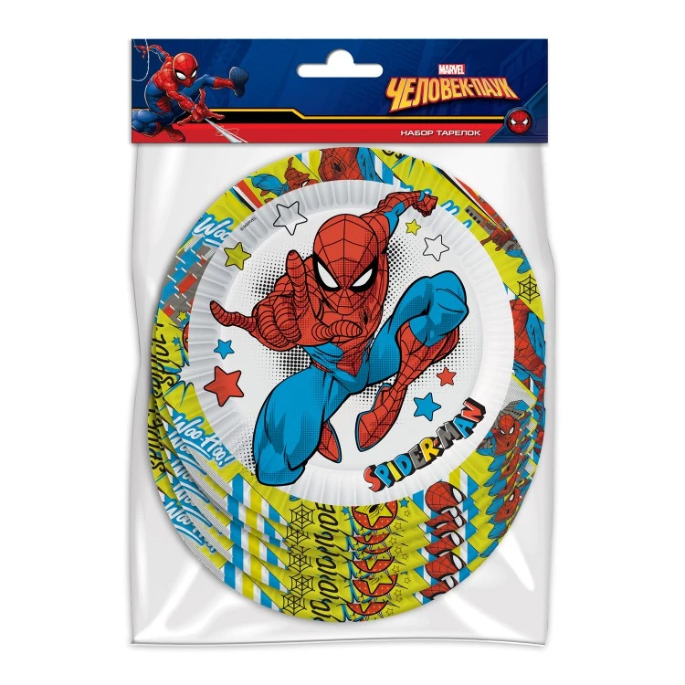 Человек - паук. Набор бумажных тарелок, желтый, 6 шт d=180 мм.