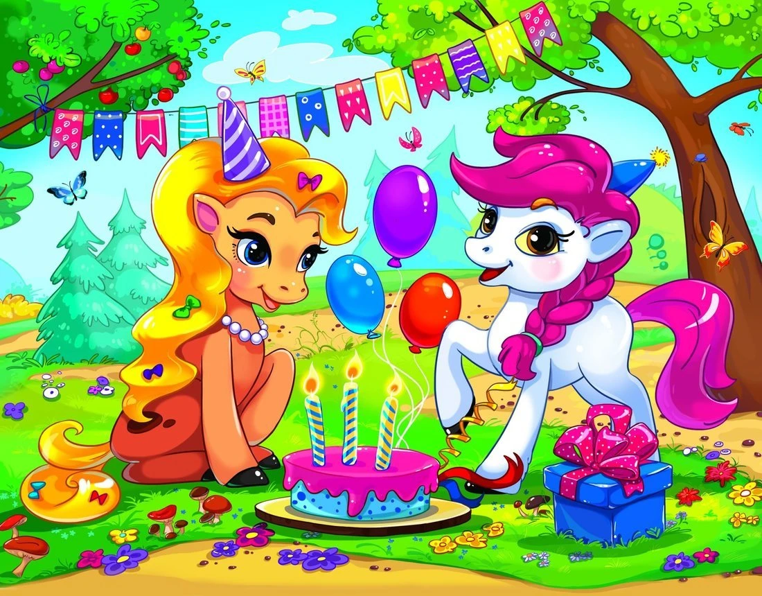 Алмазная мозаика Пони на празднике, 17х22 см, 27 цв, полное заполнение, с