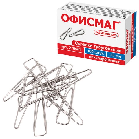 Скрепки ОФИСМАГ, 25 мм, никелированные, треугольные, 100 шт., в картонной