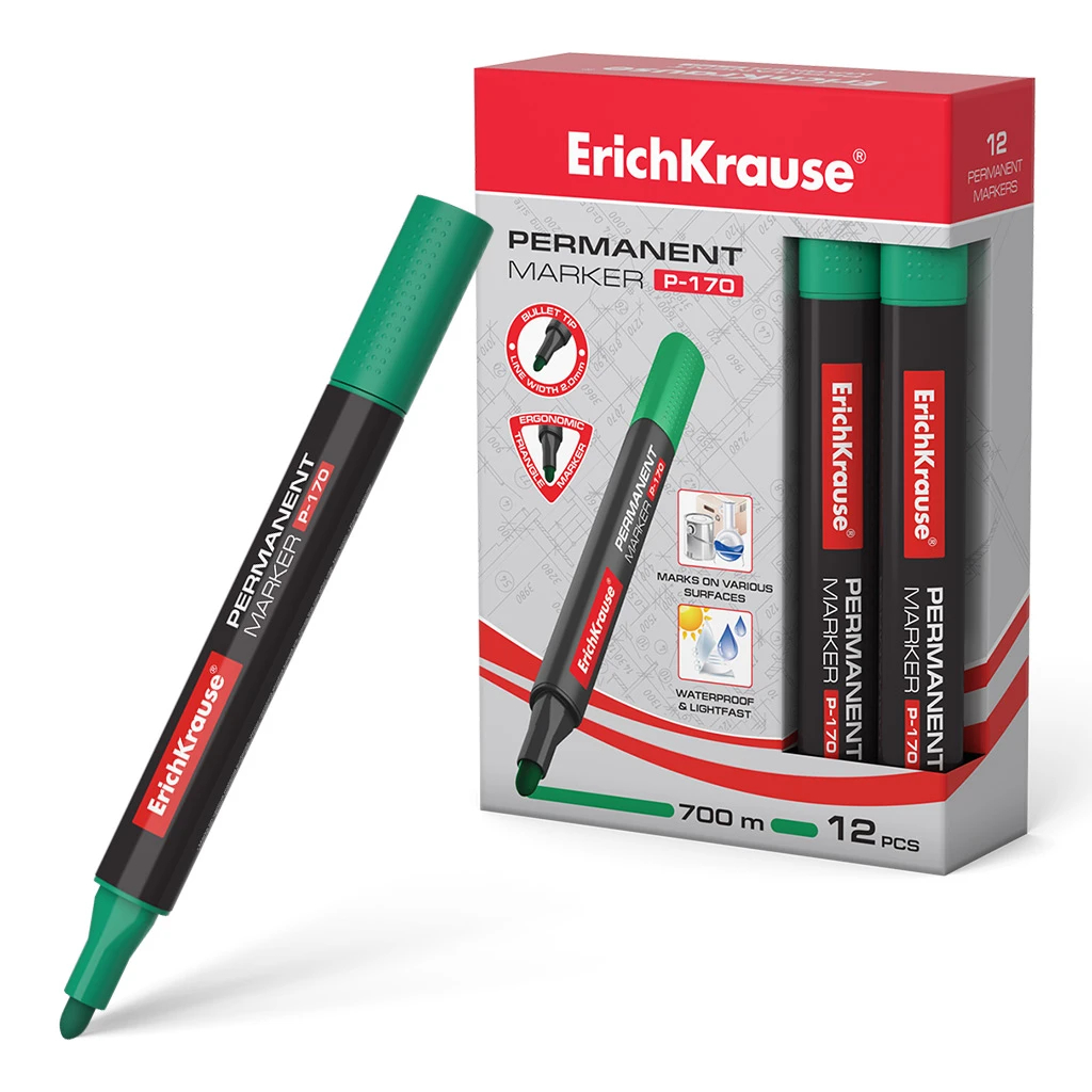Перманентный маркер ErichKrause®  P-170, цвет чернил зеленый (в коробке по 12