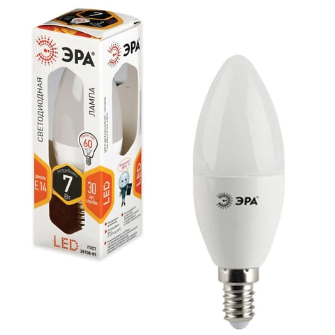 Лампа светодиодная ЭРА, 7 (60) Вт, цоколь E14, "свеча", теплый белый
