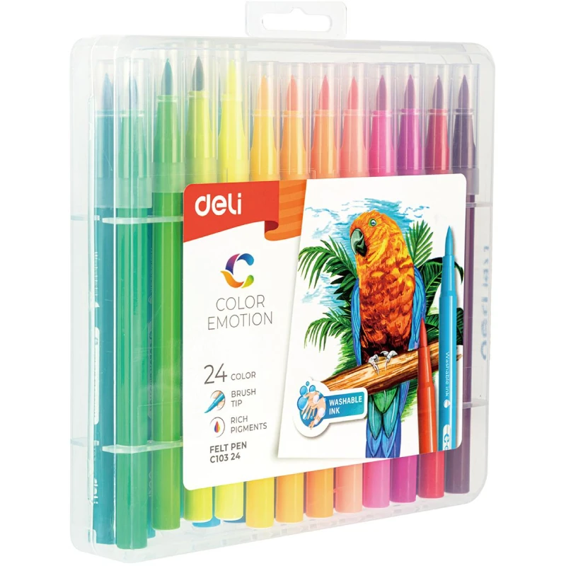 Фломастеры набор Deli Color Emotion кисть смываемые 24 цвета, пластик. пенал