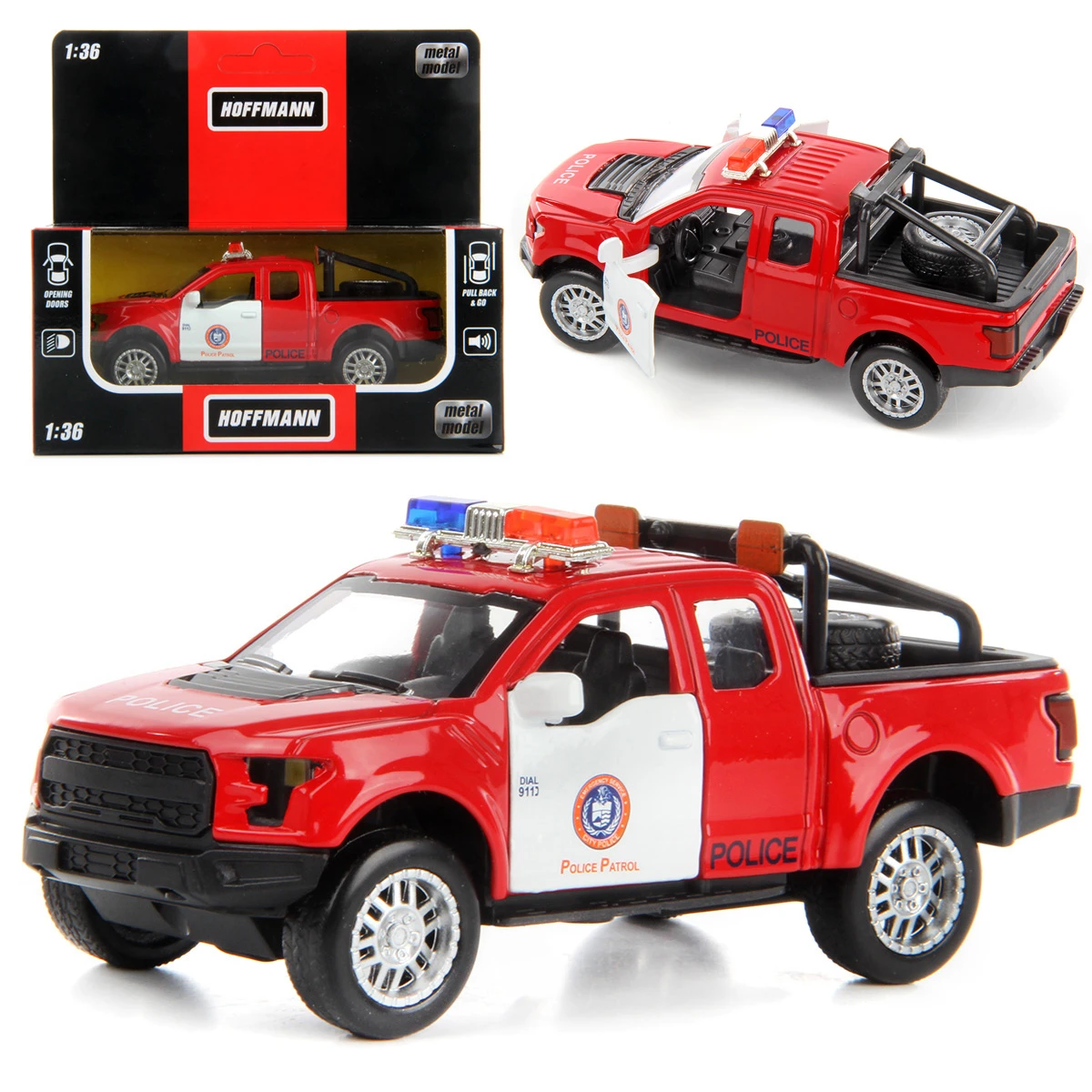 Машина металлическая ПИКАП ПОЛИЦИЯ-R 1:36, , звук/свет, дв.откр., инерция