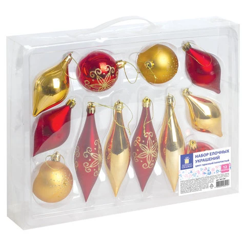 Набор украшений для ели ЗОЛОТАЯ СКАЗКА, пластик, 12 предметов, кейс, цвет