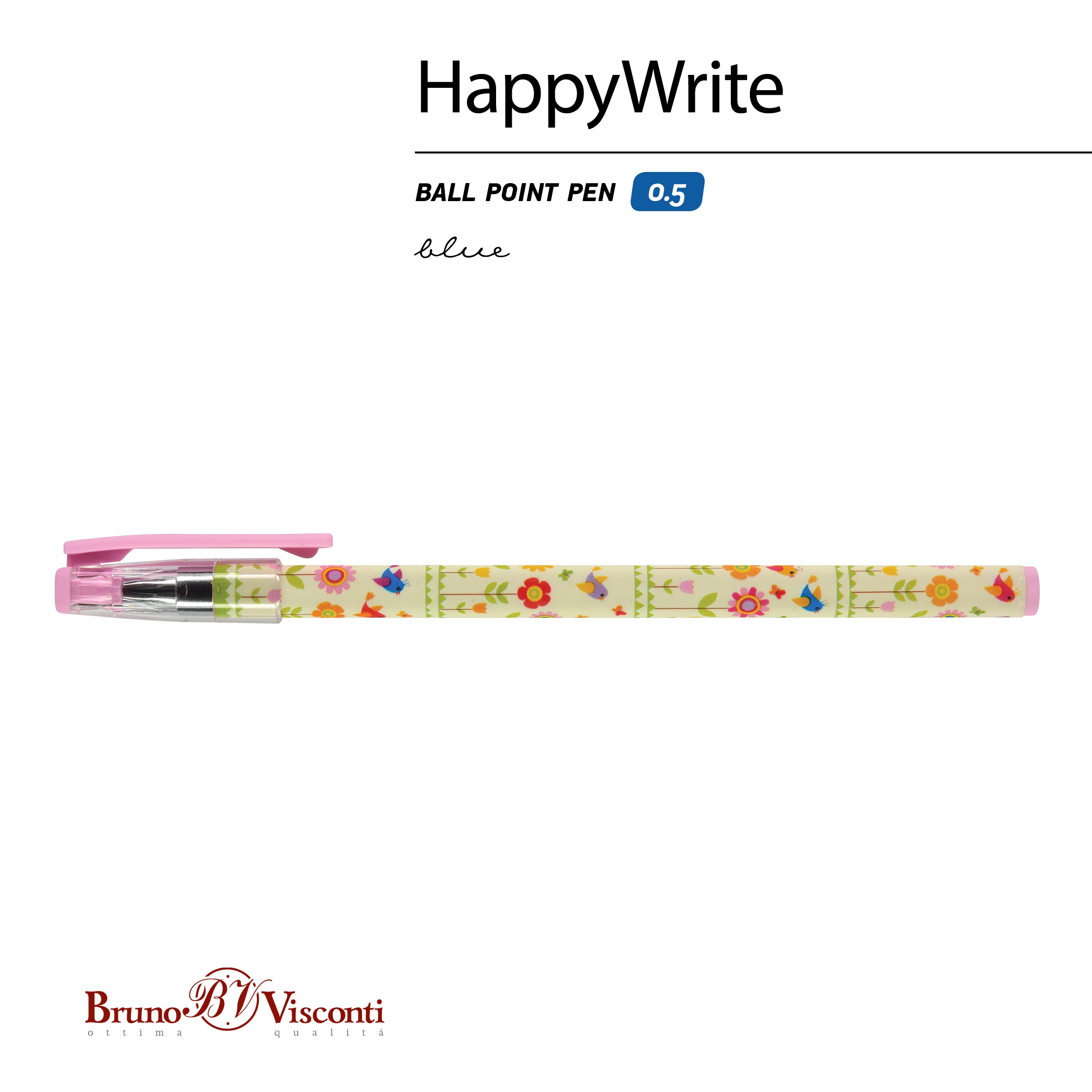РУЧКА "HappyWrite. Цветы и птички" ШАРИКОВАЯ 0.5 ММ, СИНЯЯ