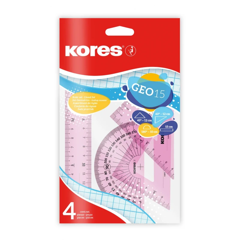 Набор чертежных принадлежностей Kores: лин.15см, два треуг 60и45 град-12см, Набор чертежных принадлежностей Kores: лин.15см, два треуг 60и45 град-12см,