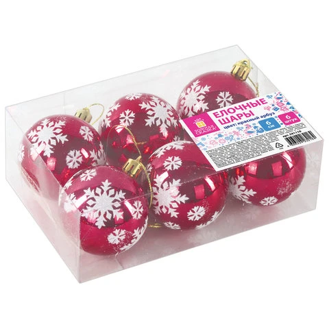 Шары елочные с узором ЗОЛОТАЯ СКАЗКА, НАБОР 6 шт., пластик, 6 см, цвет КРАСНЫЙ