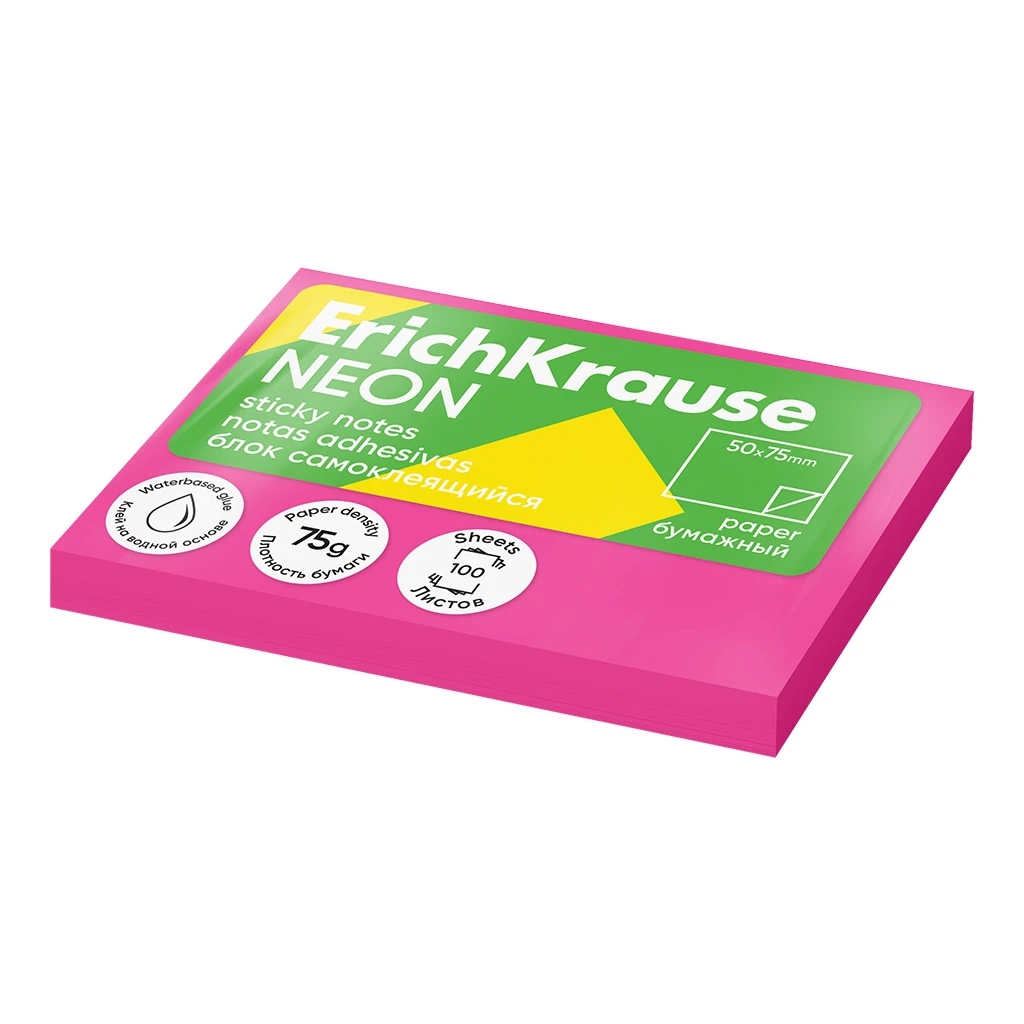Блок самоклеящийся бумажный Erich Krause Neon, 75х50 мм, 100 листов, розовый