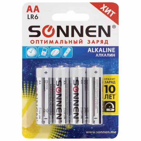 Батарейки SONNEN Alkaline, АА (LR06, 15А), алкалиновые, КОМПЛЕКТ 4 шт., в
