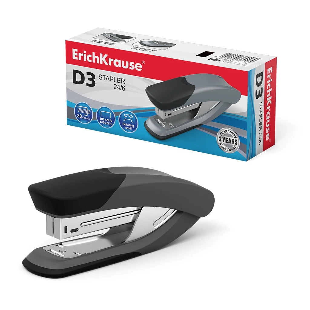 Степлер №24/6 Erich Krause D3 до 30 листов, серый (в коробке по 1 шт.)