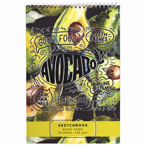 Скетчбук, черная бумага 120 г/м2, 195х300 мм, 30 л., гребень, SoftTouch,