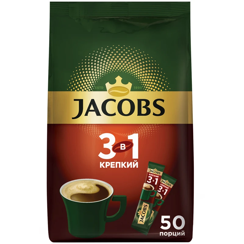Кофе растворимый Jacobs "Крепкий", 3в1, порошкообразный, порционный,