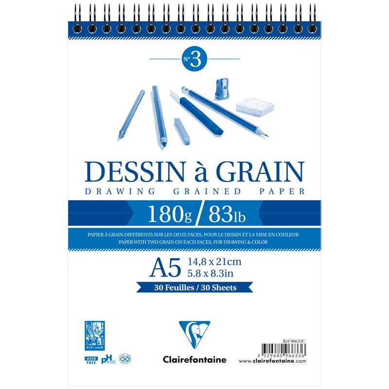 Скетчбук 30л. А5 на гребне Clairefontaine "Dessin a grain", 180г/м2,