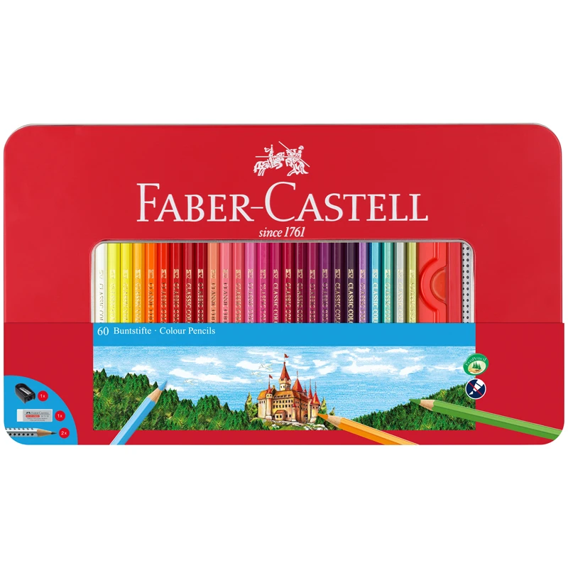 Карандаши цветные Faber-Castell, 60цв.+2 ч/г кар.+ластик+точилка, заточен.,