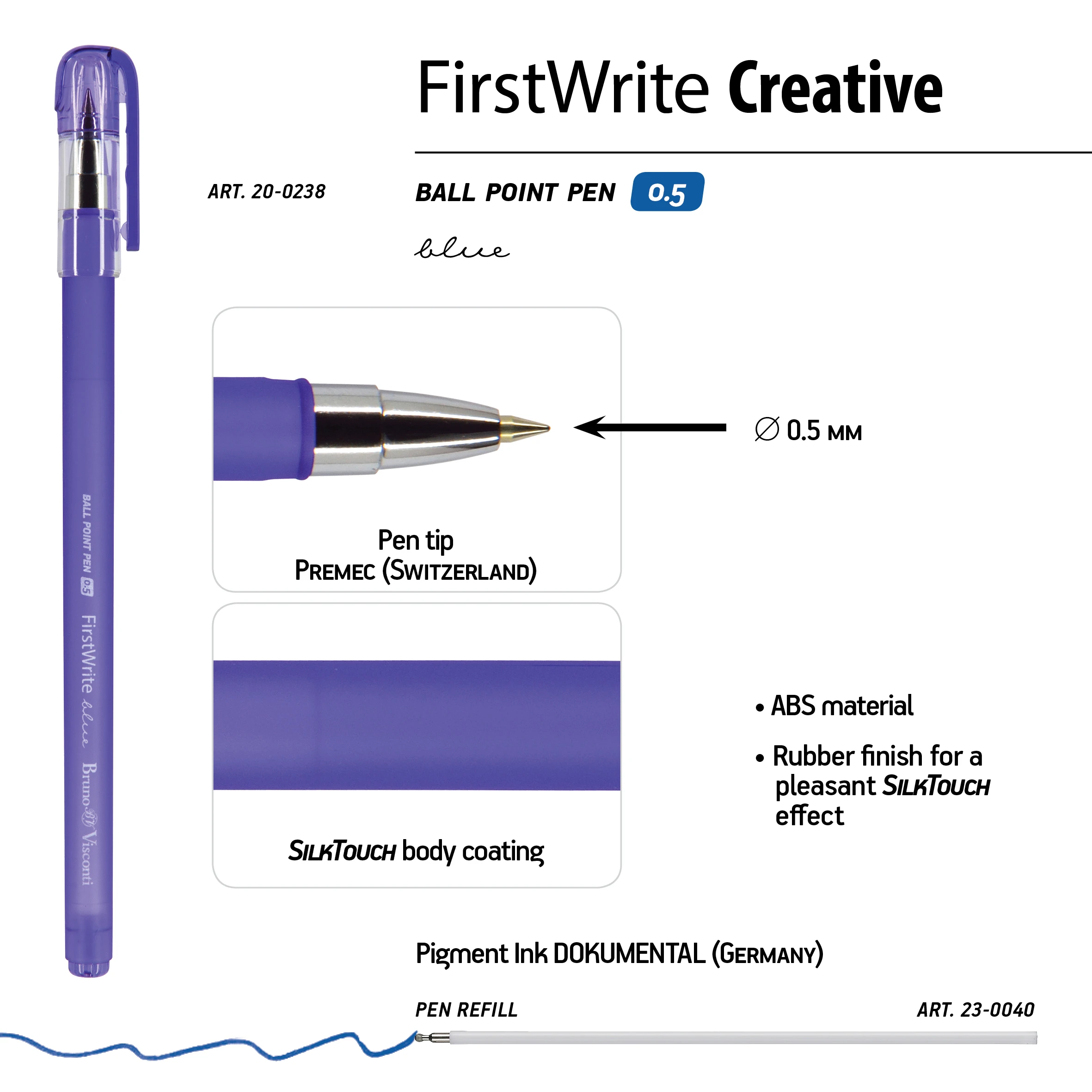 РУЧКА "FirstWrite. Creative" ШАРИКОВАЯ 0.5 ММ, СИНЯЯ (4 цвета корпуса)