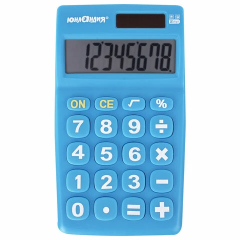 Калькулятор карманный ЮНЛАНДИЯ (138х80 мм) 8 разрядов, двойное питание, СИНИЙ,