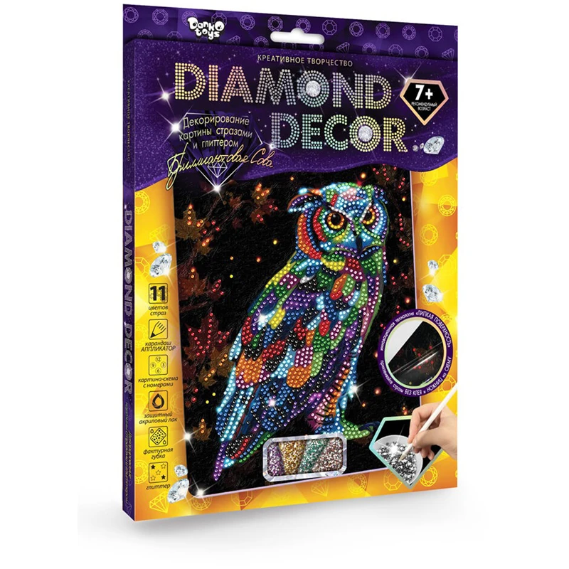 Картина из страз и глиттера Danko toys "Diamond decor. Сова", комплект