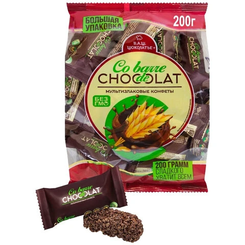 Конфеты мультизлаковые CO BARRE DE CHOKOLAT с темной глазурью, 200 г, пакет,