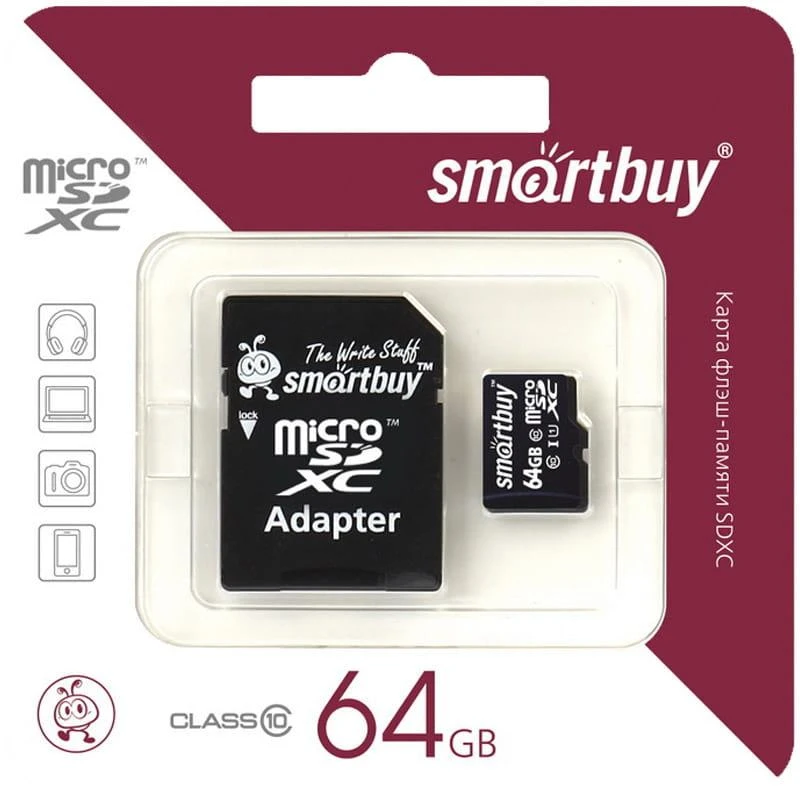 Карта памяти SmartBuy MicroSDXC 64GB UHS-1, Class 10, скорость чтения 10Мб/сек