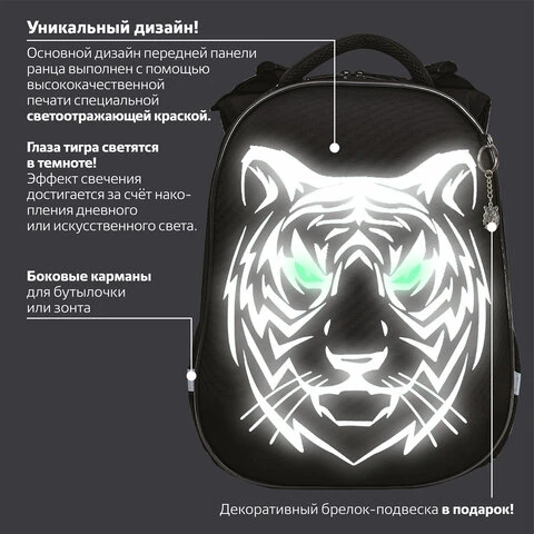 Ранец BRAUBERG SHINY, 2 отделения, "Tiger", СВЕТЯЩИЙСЯ РИСУНОК,