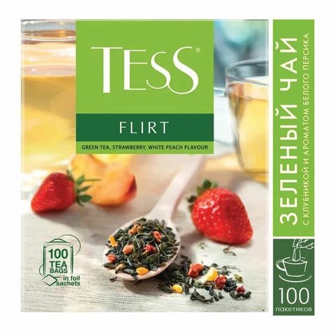 Чай TESS (Тесс) "Flirt", зеленый с клубникой и персиком, 100 пакетиков