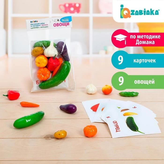 Обучающий набор по методике Г. Домана «Овощи»: 9 карточек + 9 овощей, счётный