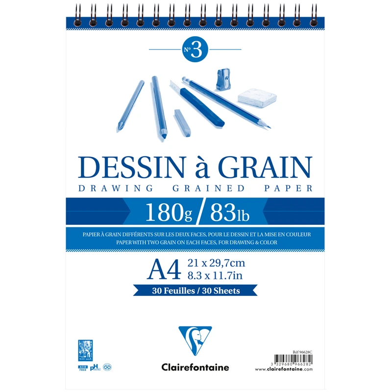 Скетчбук 30л. А4 на гребне Clairefontaine "Dessin a grain", 180г/м2,