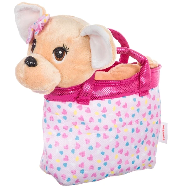 Собачка в розовой сумке с сердечками, Bondibon МИЛОТА, c ошейником и поводком,