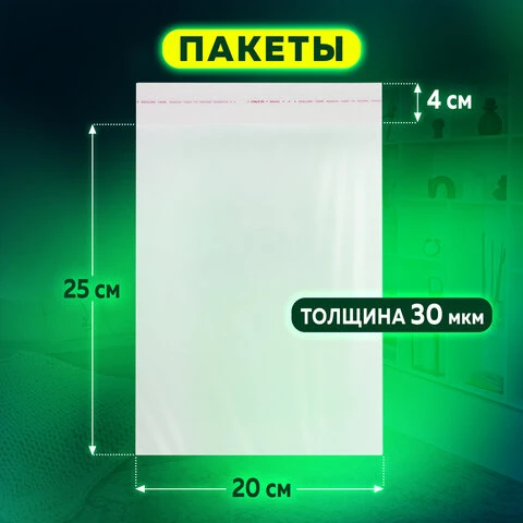 Пакет БОПП с клеевым клапаном, КОМПЛЕКТ 100 шт., 20х25+4 см, толщина 30 мкм,