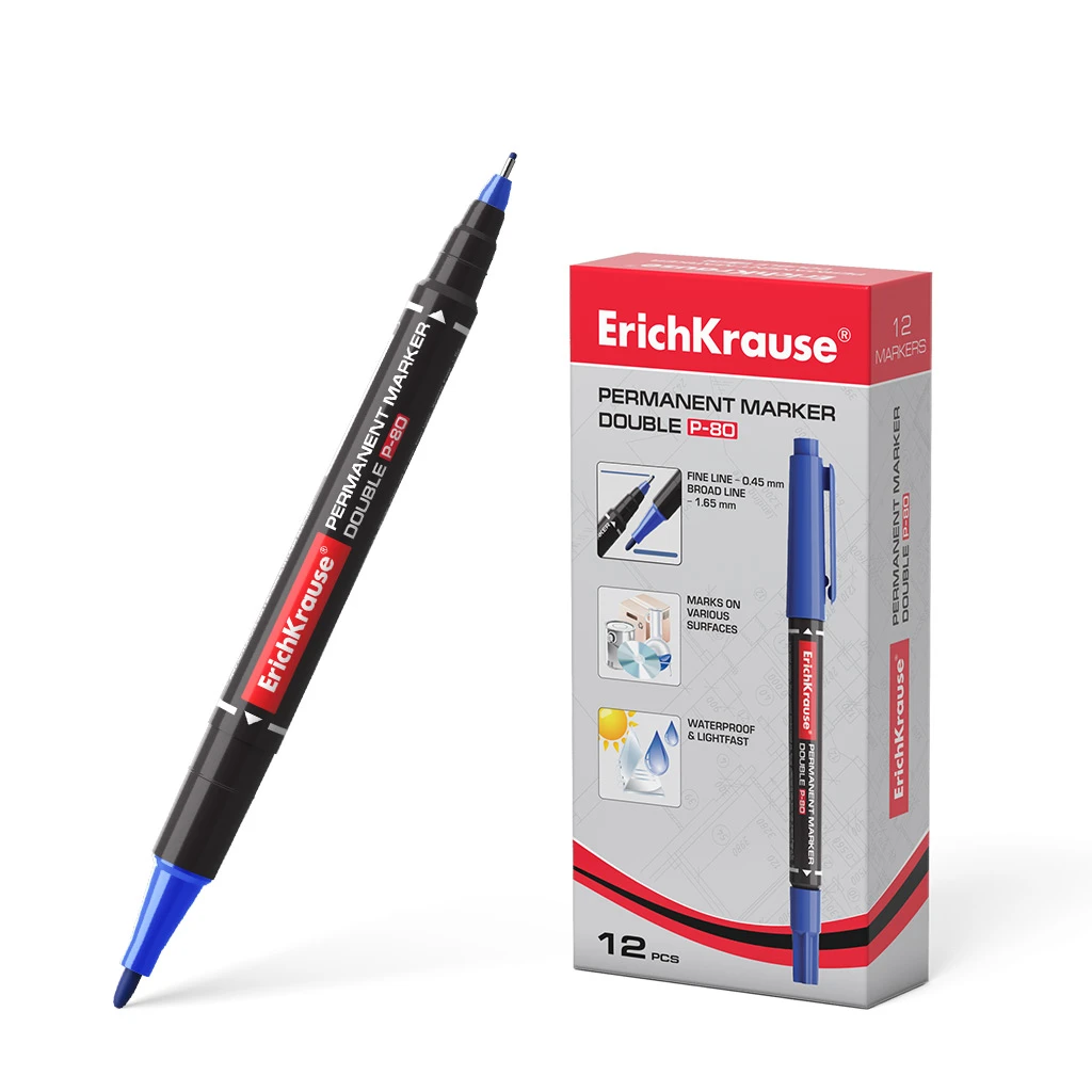 Двухсторонний перманентный маркер ErichKrause® Double P-80, цвет чернил синий (в