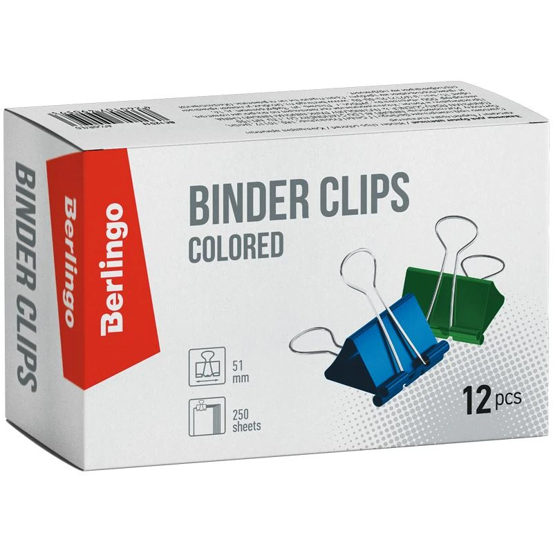 Зажимы для бумаг 51мм, Berlingo, 12шт., цветные, картонная коробка BC1251f