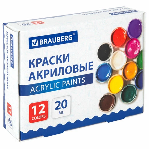 Краски акриловые для рисования и творчества 12 цветов по 20 мл, BRAUBERG, 192564