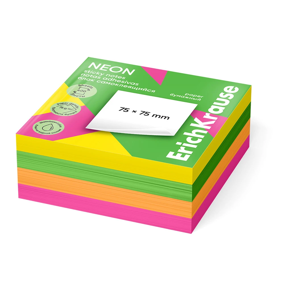 Блок самоклеящийся бумажный Erich Krause Neon, 75х75 мм, 400 листов, 4 цвета