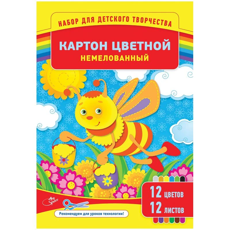 Картон цветной А4 12л. 12цв., немелованный, в папке: Нкн12-12_6960 штр.: 