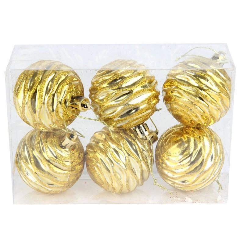 Набор из 6-ти пластиковых шаров, рис.,  6 см, цвет - золотой, ПВХ коробка 68837