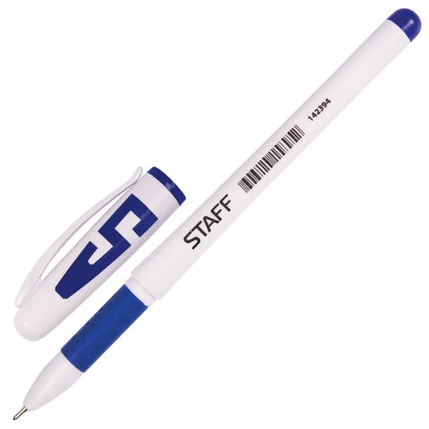 Ручка гелевая с грипом STAFF, СИНЯЯ, корпус белый, игольчатый узел 0,5 мм, линия